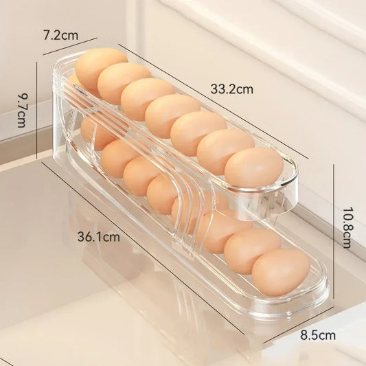Bilayer Fridge Egg Storage Box – Auto-Rolling Ladder Style Egg Organizer for UK Refrigerators (18 Egg Capacity, Space-Saving)