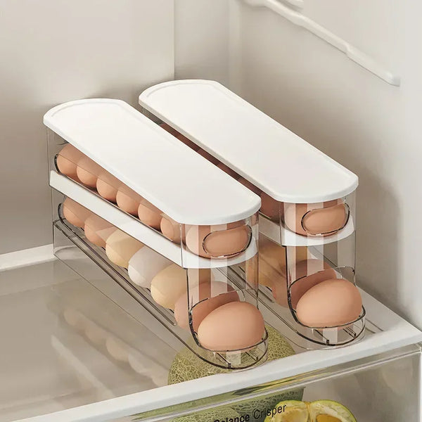 Bilayer Fridge Egg Storage Box – Auto-Rolling Ladder Style Egg Organizer for UK Refrigerators (18 Egg Capacity, Space-Saving)